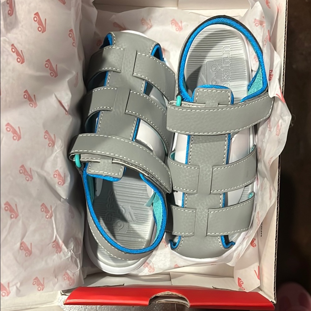 See Kai Run Cyrus IV FlexiRun Gray and Blue Sandals with Adjustable Straps